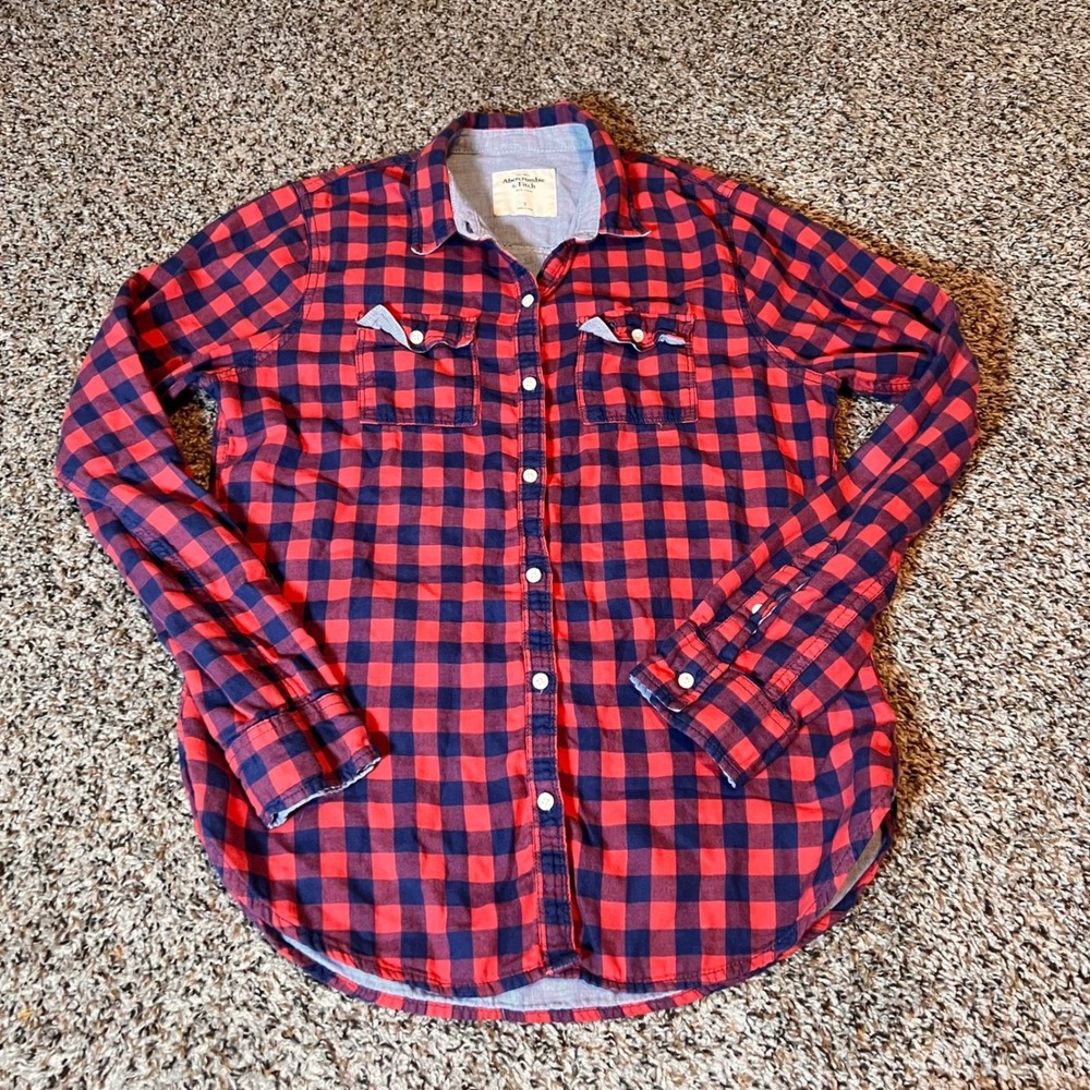 Abercrombie & Fitch Flannel Shirt Plaid Button Down‎ Long Sleeve Red Blue S